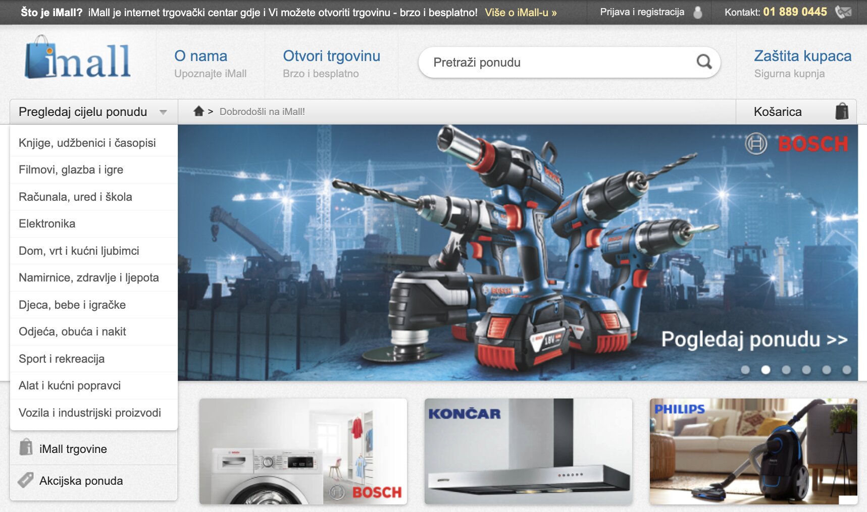 The iMall home page: category menu, search, a Bosch power tools banner and offers from Bosch, Končar and Philips