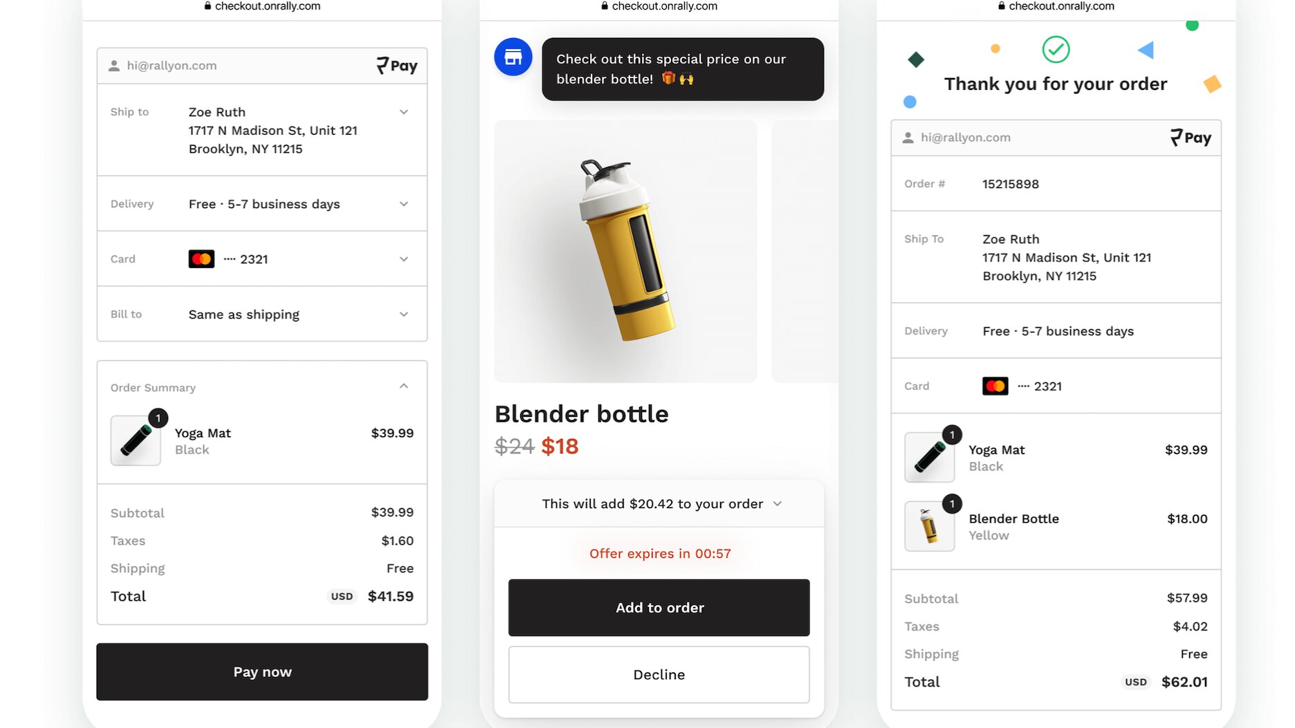Three Rally checkout screens: payment, a post-purchase offer for a blender bottle, and the order confirmation with both items