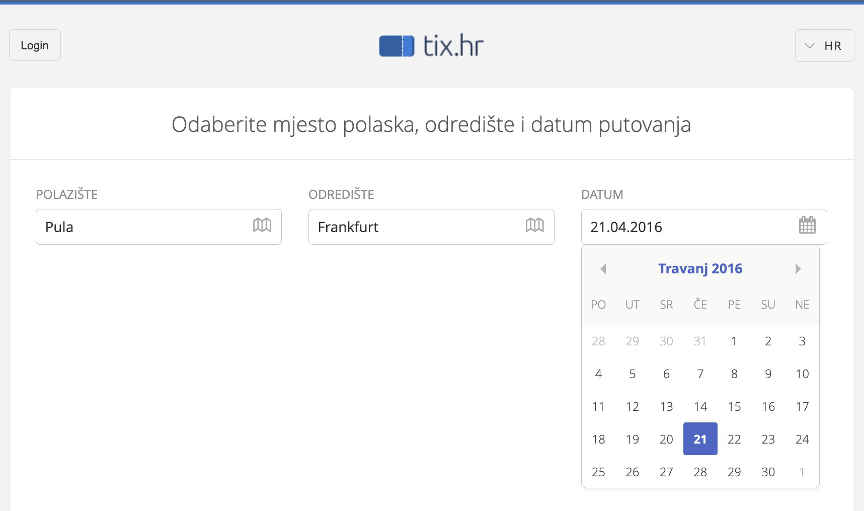 The tix.hr booking form: departure Pula, destination Frankfurt and a calendar for April 2016